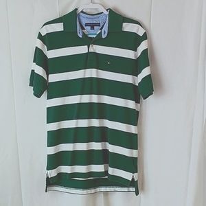 Tommy Hilfiger Men's Rugby Polo Shirt Hunter Green White Stripe Medium EUC
